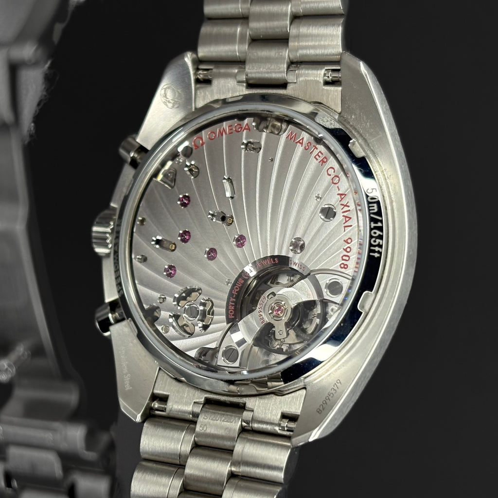 Omega Speedmaster Chronoscope Blue Dial 329.30.43.51.03.001 case back showing Caliber 9908 movement