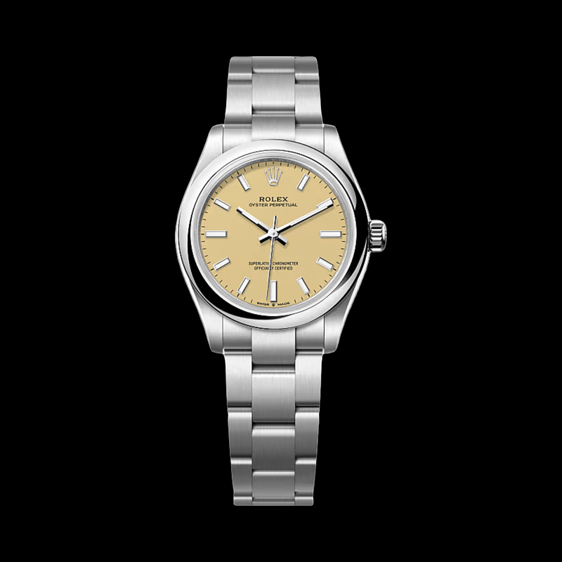 Rolex Oyster Perpetual 31mm Yellow Dial 277200 stock photo